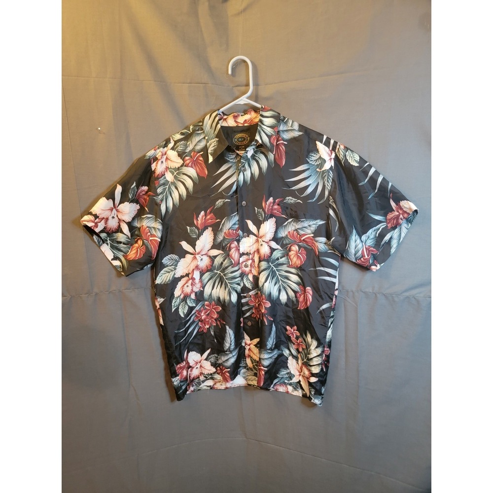 Hawaiian Silk Company Button Down Shirt Mens M Black Floral Good 100% Silk Aloha
